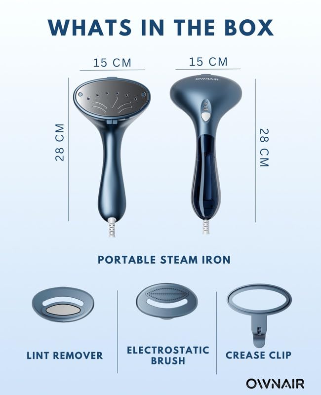 OWNAIR Handheld Garment Steamer for clothes, steam iron press, easy vertical horizontal steaming, steamer for ironing clothes, 24g/min high steam 1800 Watt, 110 ml, 15-sec Fast Heat