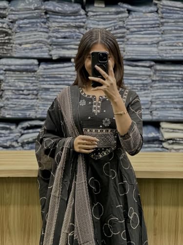 Women's Anarkali Kurta Set with Dupatta, Bandhani Print, 3-Piece Ethnic Suit (IN, Alpha, M, BLACK)