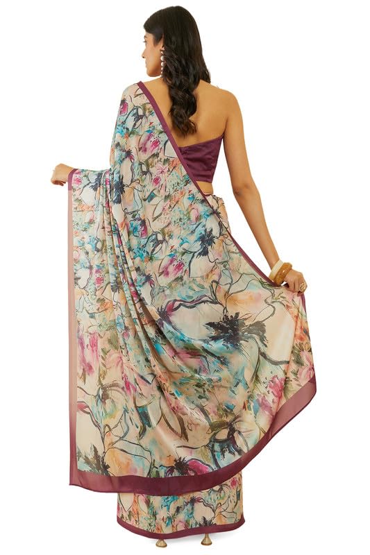 Soch Womens Wine Floral Print Crepe Saree