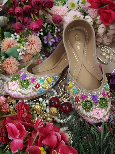 Fulkari Women Flowers Beige Gold Multi Formal Genuine Soft Leather Jutis | Bite and Pinch Free Juttis | Punjabi Jutti | Girl's Wedding Flat Ladies Mojari Ethnic Juti | 40