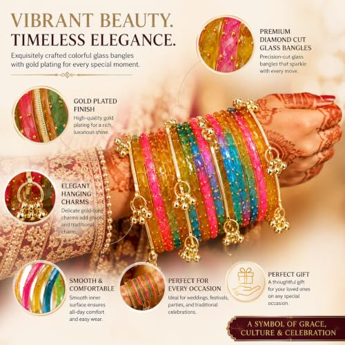 JPS 16 Pcs Trendy Stylish Raindrop Glass & Kashmiri Ghungroo Bangles Set for Women & Girls | Gold-Plated Traditional Festive Wedding Party Jewellery Chudi Set (12 Glass + 4 Metal) (Multi Super, 2-8 Combo)