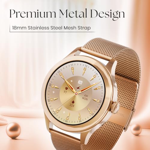 Fastrack Noir Pro 1.19" Super AMOLED Metal Smart Watch with 1000 Nits Brightness, BT Calling, 24/7 Health Suite, Functional Crown, Zinc Alloy Case – Smartwatch for Women (Rose Gold) ‎(68042WM01C)