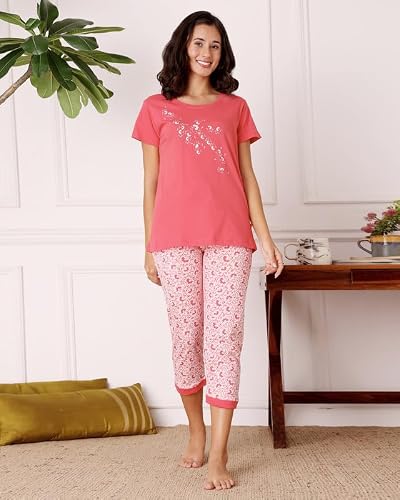 BODYCARE Women's Cotton Printed T-Shirt and Capri Set | Soft & Breathable Nightwear | Short Sleeves | Loungewear Co-Ord Set| BSCS16028_95 Multicolour