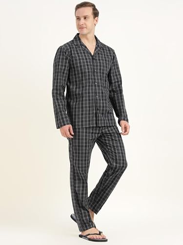 Hancock Men Cotton Checked Relaxed Fit Night Suit Black Size XL