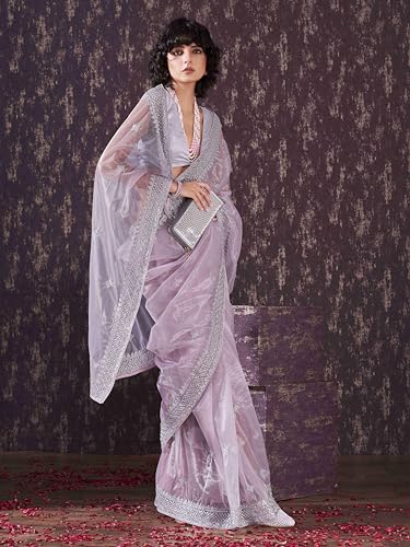 Womanista Women's Net Sequinned Saree (TI6563_Lavender)