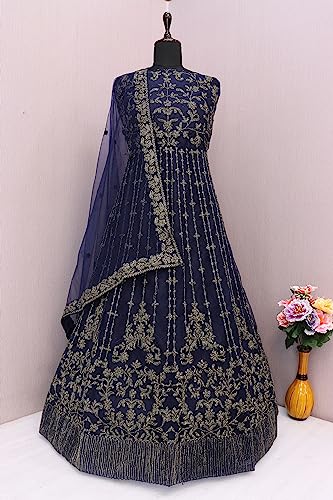 RUDRAPRAYAG Net And Santoon Long Anarkali Gown For Women | Semi Stitched Anarkali Gown For Women | Gown In Clothing & Accessories, Navy Blue