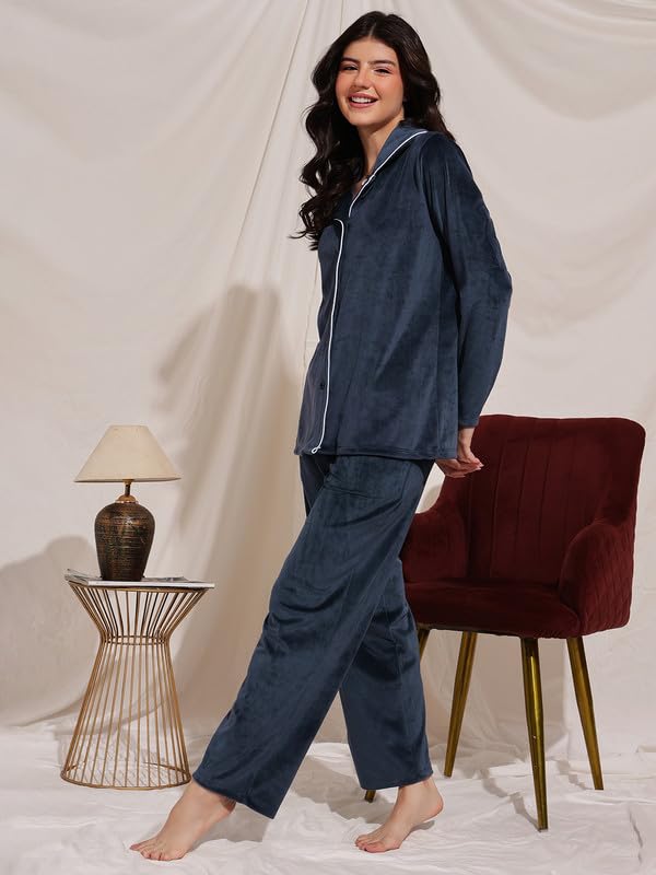 Clovia Women's Velour Button Down Shirt & Pyjama Set (LSW774G08_Navy Blue_S)