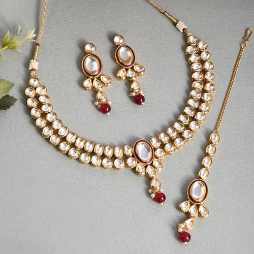 VOYLLA Kundan Elegance Round Cut Kundan Maang Tika Set For Women, Jewellery Set For Women, Womens Gift, Gift For Her