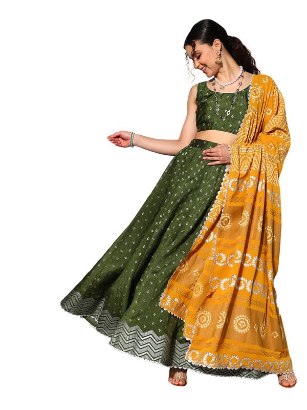 Ahalyaa Olive Green & Silver-Toned Printed Ready to Wear Lehenga & Blouse With Dupatta