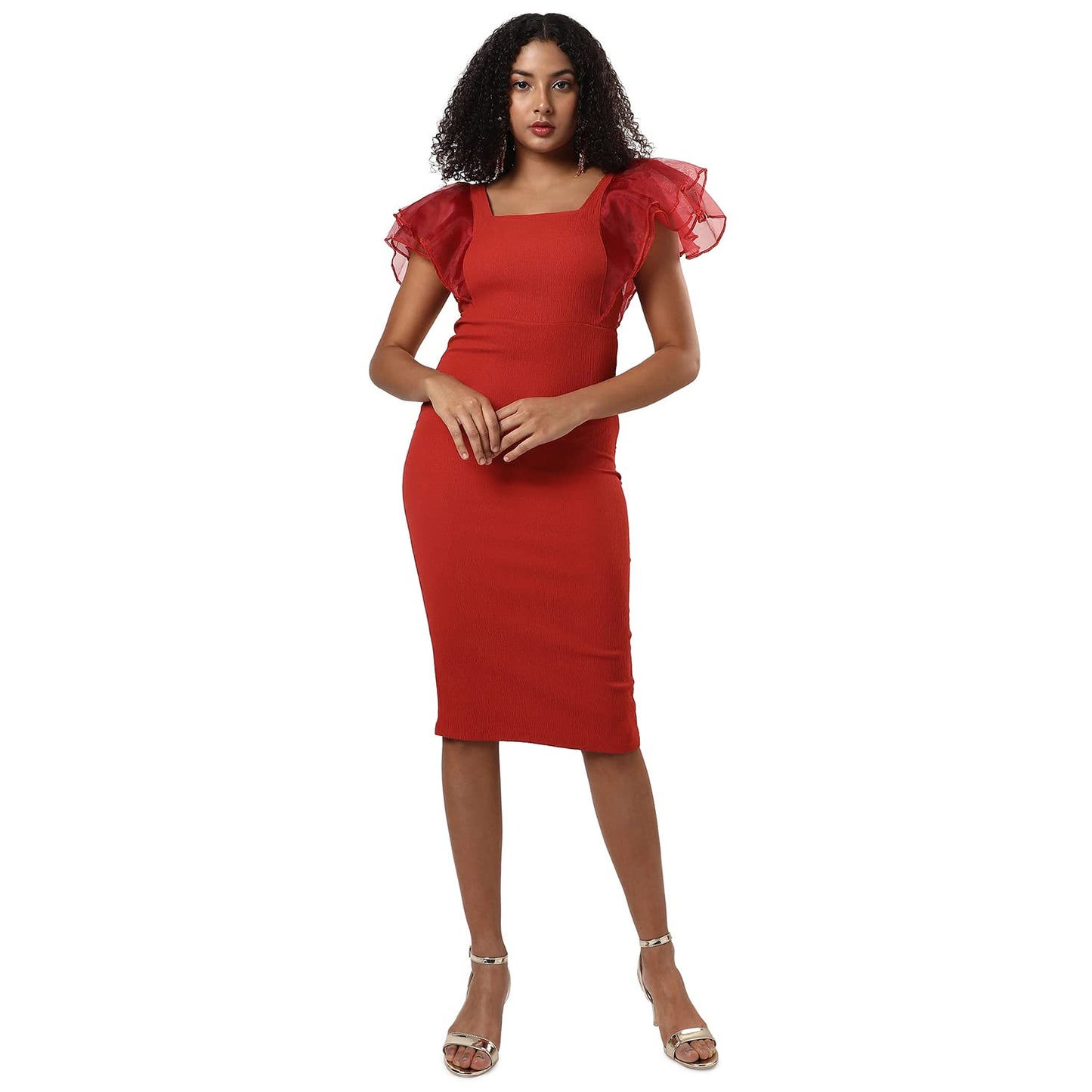 Campus Sutra Women's Solid Red Short Sleeve Midi Length Regular Fit Dress for Casual Wear | Square Neck Dress Crafted with Comfort Fit and High Performance for Everyday Wear