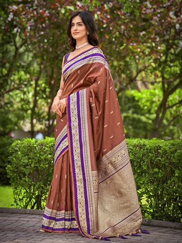 MANOHARI Women's Most Trendy Banarasi Satin Silk Woven Orange Brown & Purple Saree With Heavy Jacquard Work Saree With Blouse Piece_MN2058