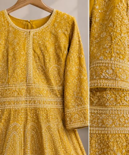 RIDDHI SIDDHI LTD Women's Yellow Anarkali Gown with Chikankari Embroidery