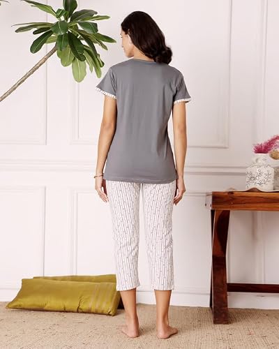 BODYCARE Women's Cotton Printed T-Shirt and Capri Set | Soft & Breathable Nightwear | Short Sleeves | Loungewear Co-Ord Set| BSCS16040_100 Multicolour