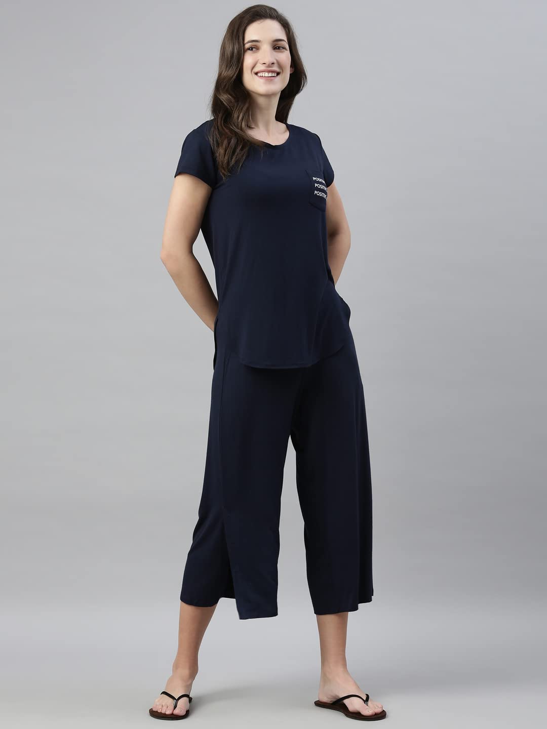 Enamor Essentials Women's Mid Rise Crop Length Soft & Drapey Stretch Viscose Culottes with Smart Side Slits - E064(E064-Navy-M)