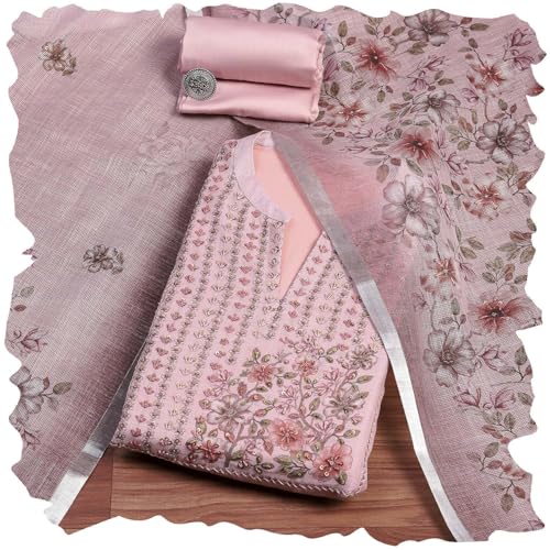 Biba Women Pink Linen Blend Hand Embroidered Unstitched Suit Set_FREE SIZE
