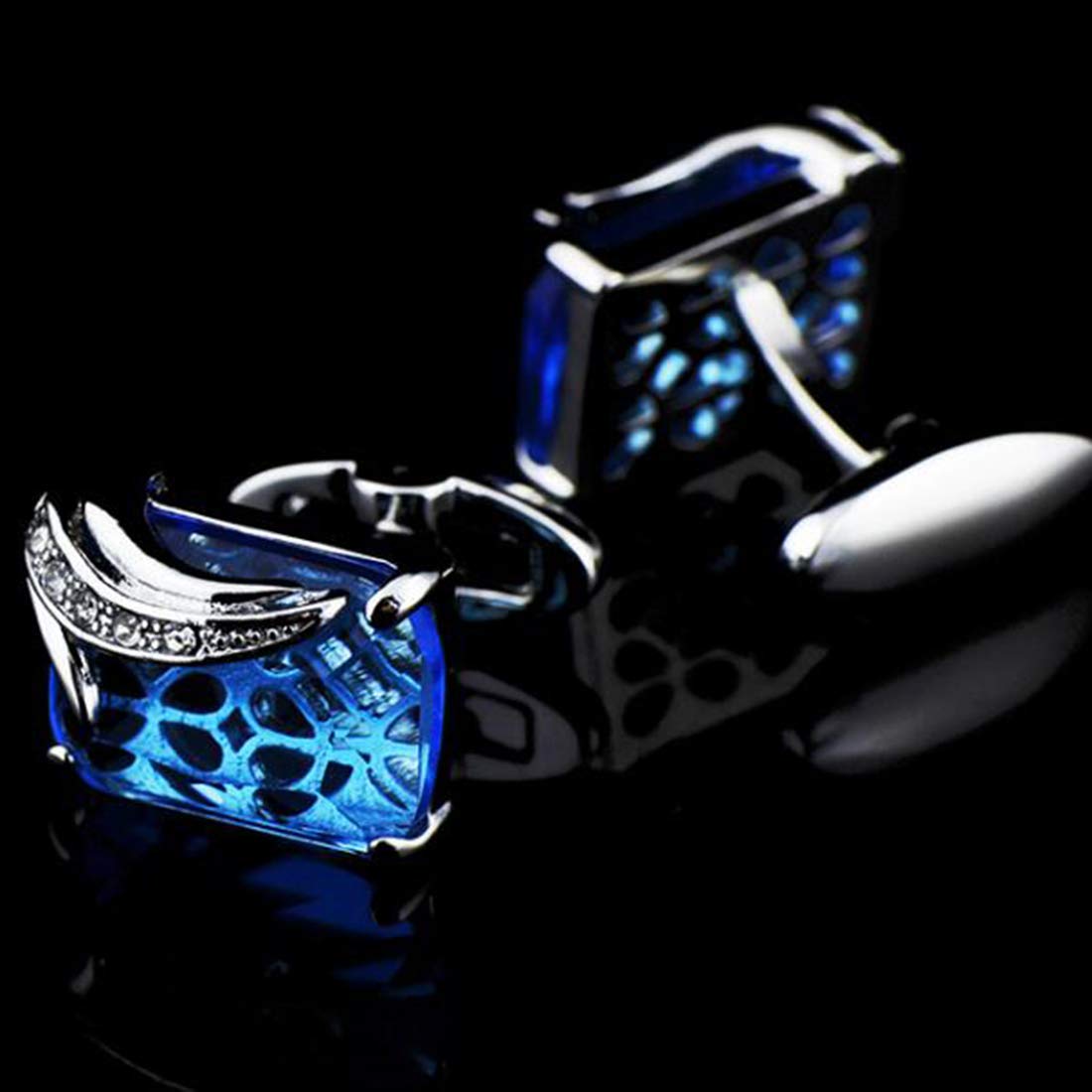 Peora Silver Plated Blue Square Crytal Cufflinks for Men Boys Wedding Business Gift