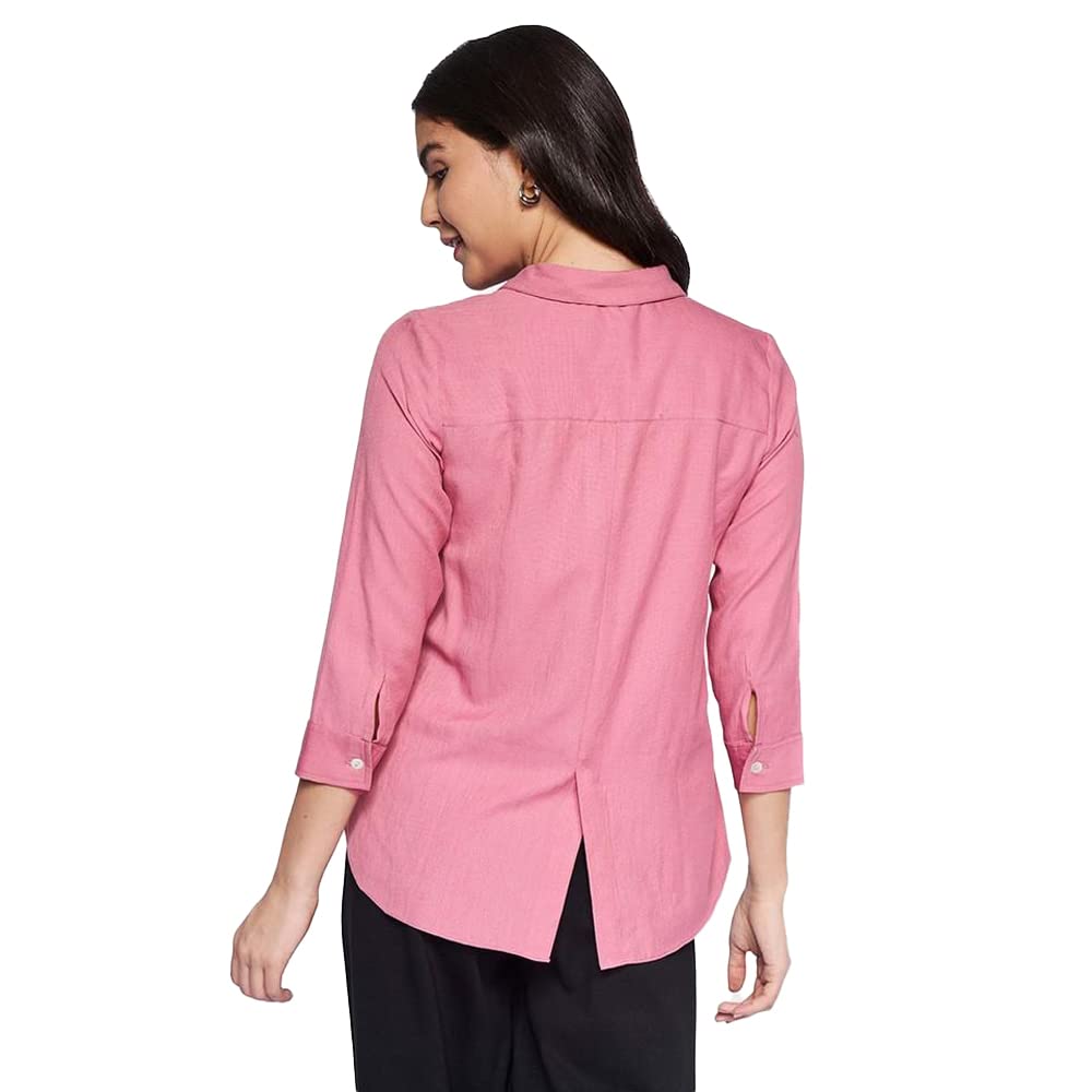 AND Solid Polyester Collar Neck Women's Top (Pink, Size 14)