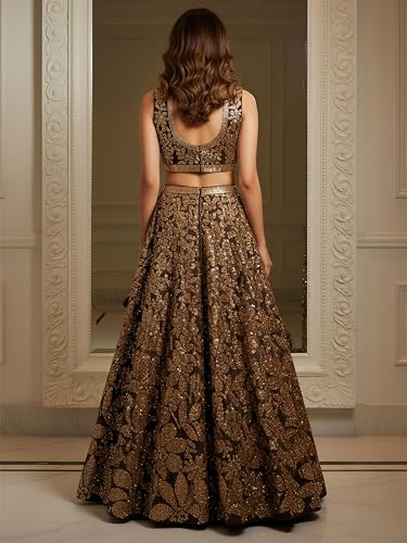 Zeel Clothing Women's Sequins Embroidered Soft Net Lehenga Choli With Dupatta (5106-Brown-Womens-Lehenga-Choli-Latest; Free size) (Brown)