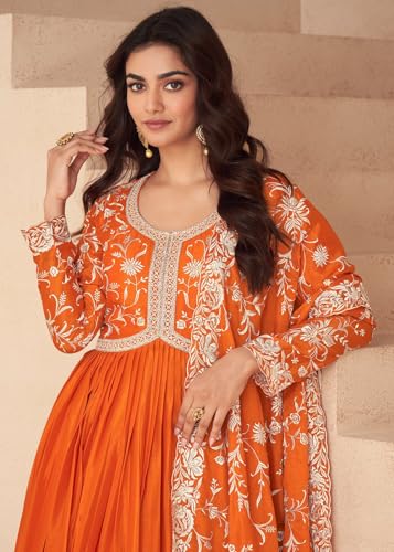 Shampysky Women's Orange Chinon Stitched Gown With Dupatta Full Sleeve Embroidered Anarkali Gown (SSW-1244-Orange-XXL)