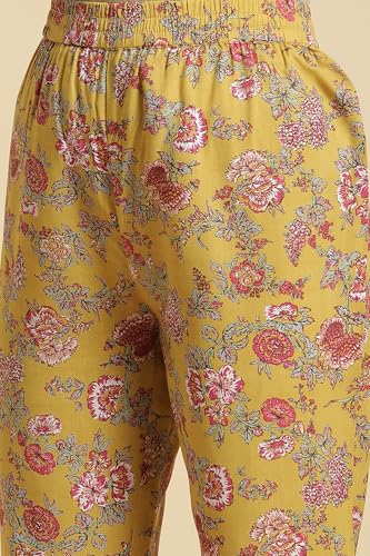 W for Woman Yellow Floral Printed Kurta, Pants and Pink Dupatta Set_24AUWS19723-121076_L