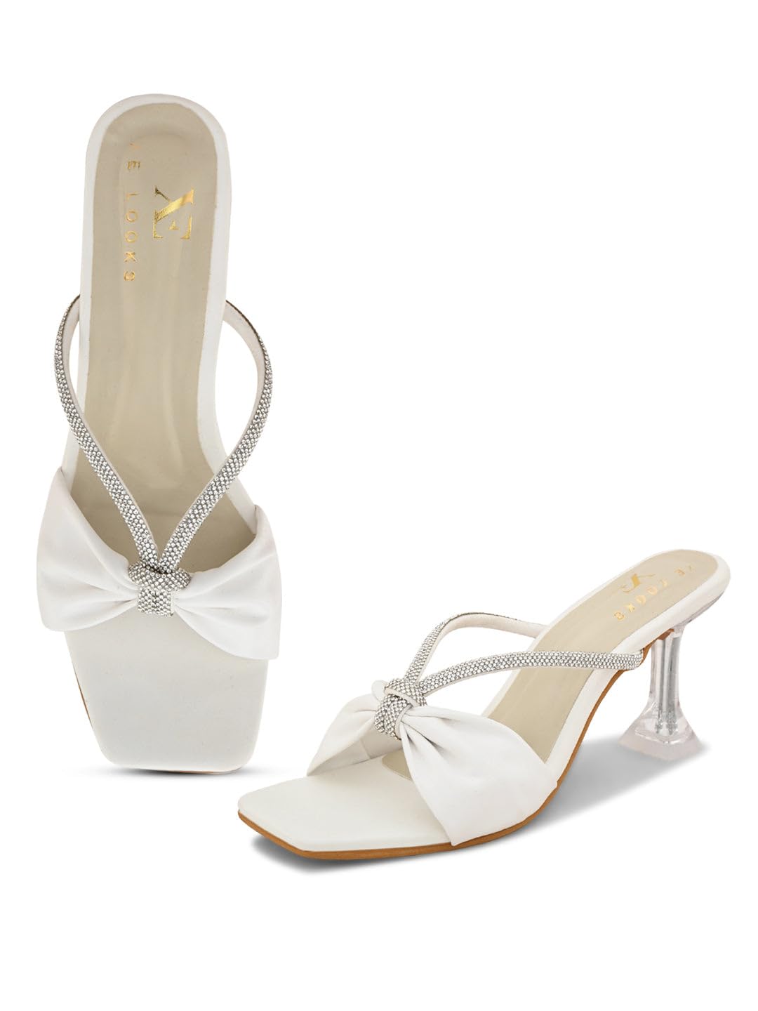XE Looks Women's White Elegant Knot Bow Slip-On Sandals | Crystal Embellished Straps with Clear Heels | Rhinestone Strap With Transparent Block Heels For Girls & Women