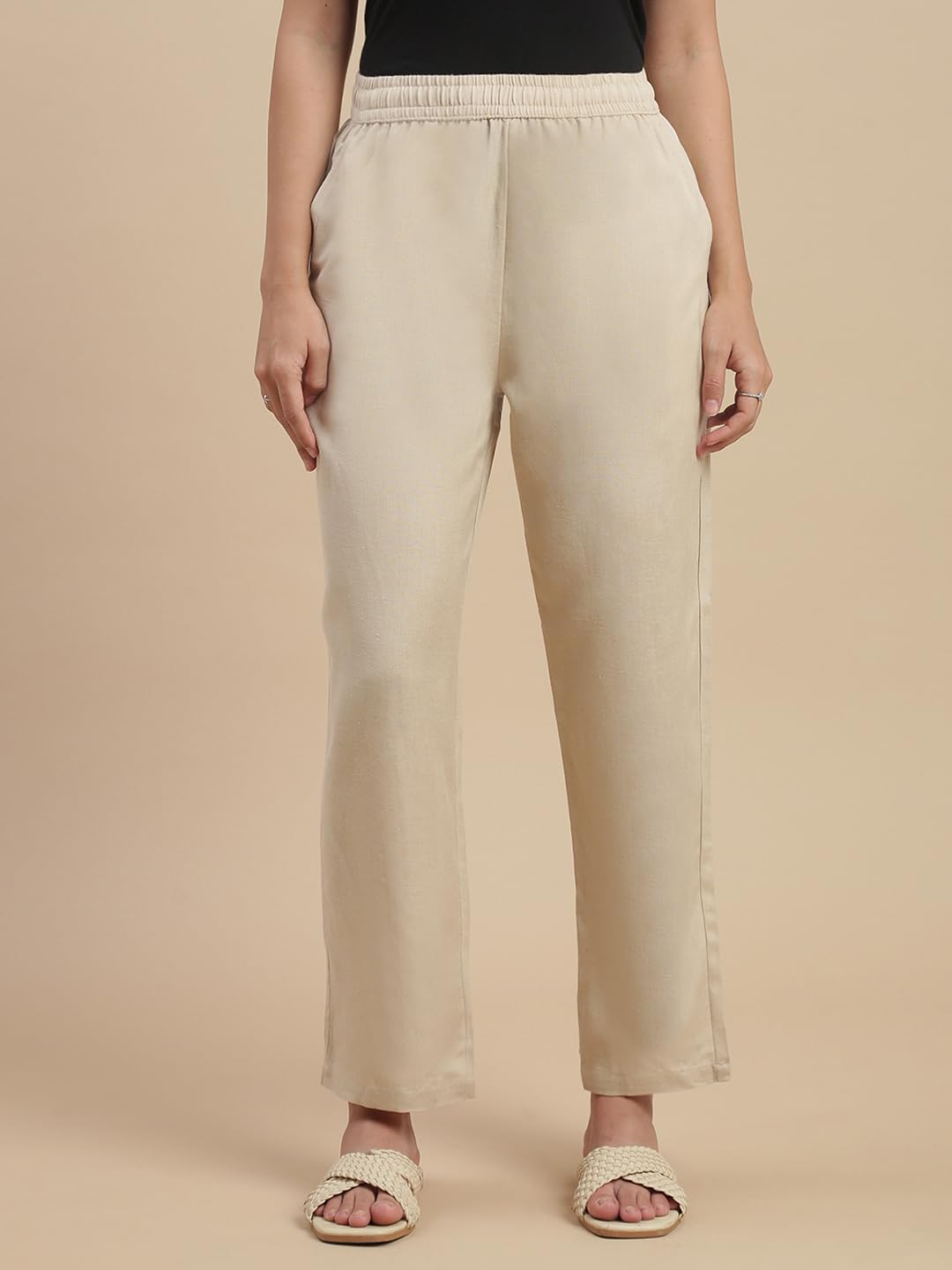De Moza Women Regular Fit Straight Pant - Light Beige | 100% Rayon Flex | Casual & Office Wear