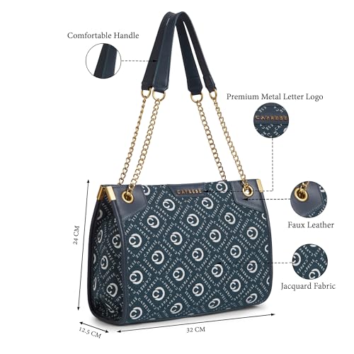 Caprese Florida Medium Tote Bag for Women | Stylish Handheld Bag with Zipper Closure & Multiple Compartments | Ideal for 16 inch Laptop Bag | Perfect for Office, Travel & Daily Use (Navy)