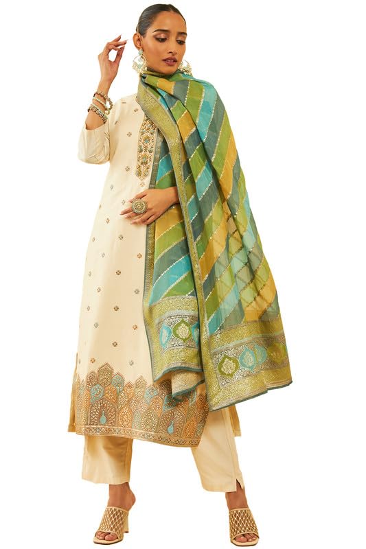 Soch Womens Cream Silk Blend Floral Embroidered Suit Set With Zardosi Work