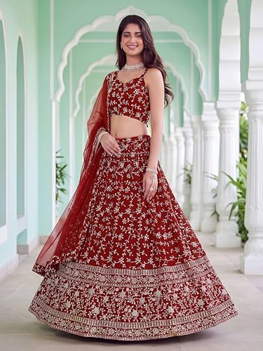 Zeel Clothing Women's Zari and Sequins Embroidered Georgette Lehenga Choli With Dupatta (5058-Red-Women-Latest-Lehenga-Choli, Free size)
