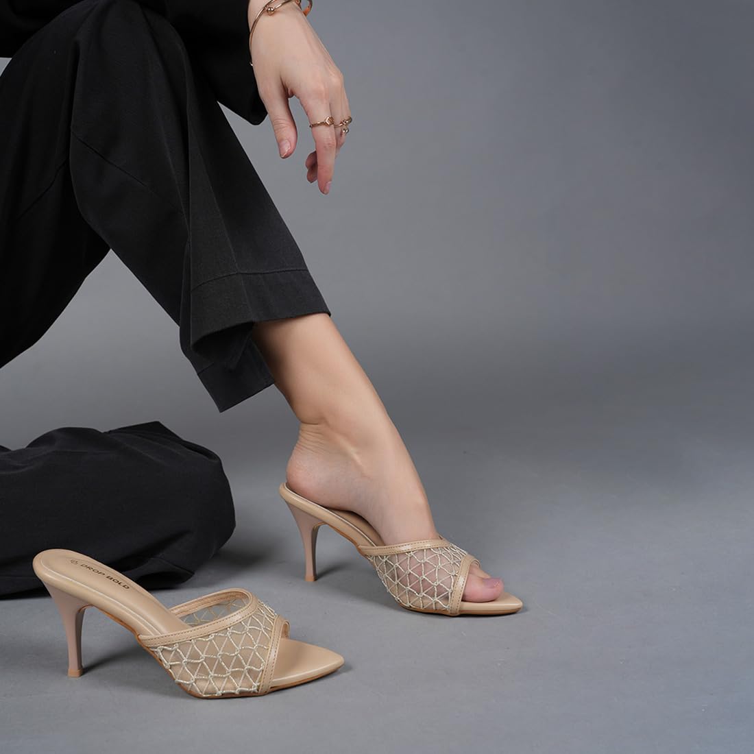 DROP BOLD Stylish Heels Women’s Beige Mesh Stiletto Sandals | Slip-On Party Heels for Girls & Women | Open Toe Fashion Mules