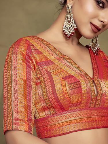 Vardha Women's Readymade Elbow Length Sleeves Golden Zari Saree Blouse (Orange)