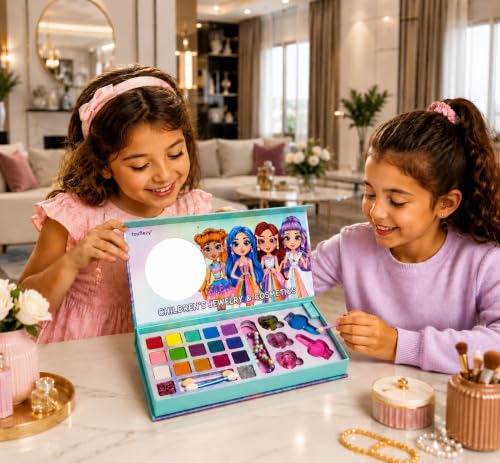 Kids Washable Makeup Kit for Girls with Mirror, Pretend Play Cosmetic Set, Eyeshadow Palette, Lip Gloss, Brushes & Accessories Gift Toy