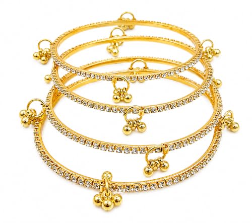 KAYASHA Golden Kashmiri Ghungroo Bangles Set of 4 for Women | American Diamond Stone Gold Tone Chudi | Traditional Ethnic Jewellery for Wedding, Bridal, Daily Wear & Festivals