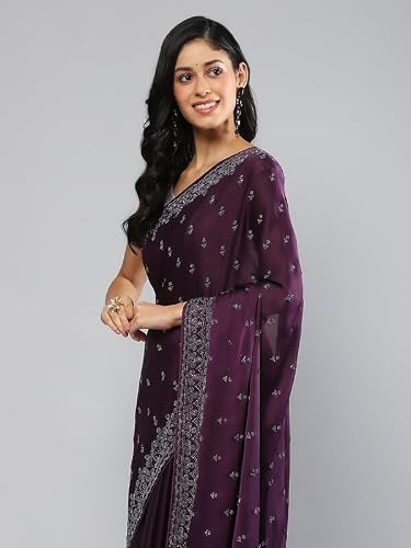 Meena Bazaar Purple Embellished Satin Saree With Blouse Piece