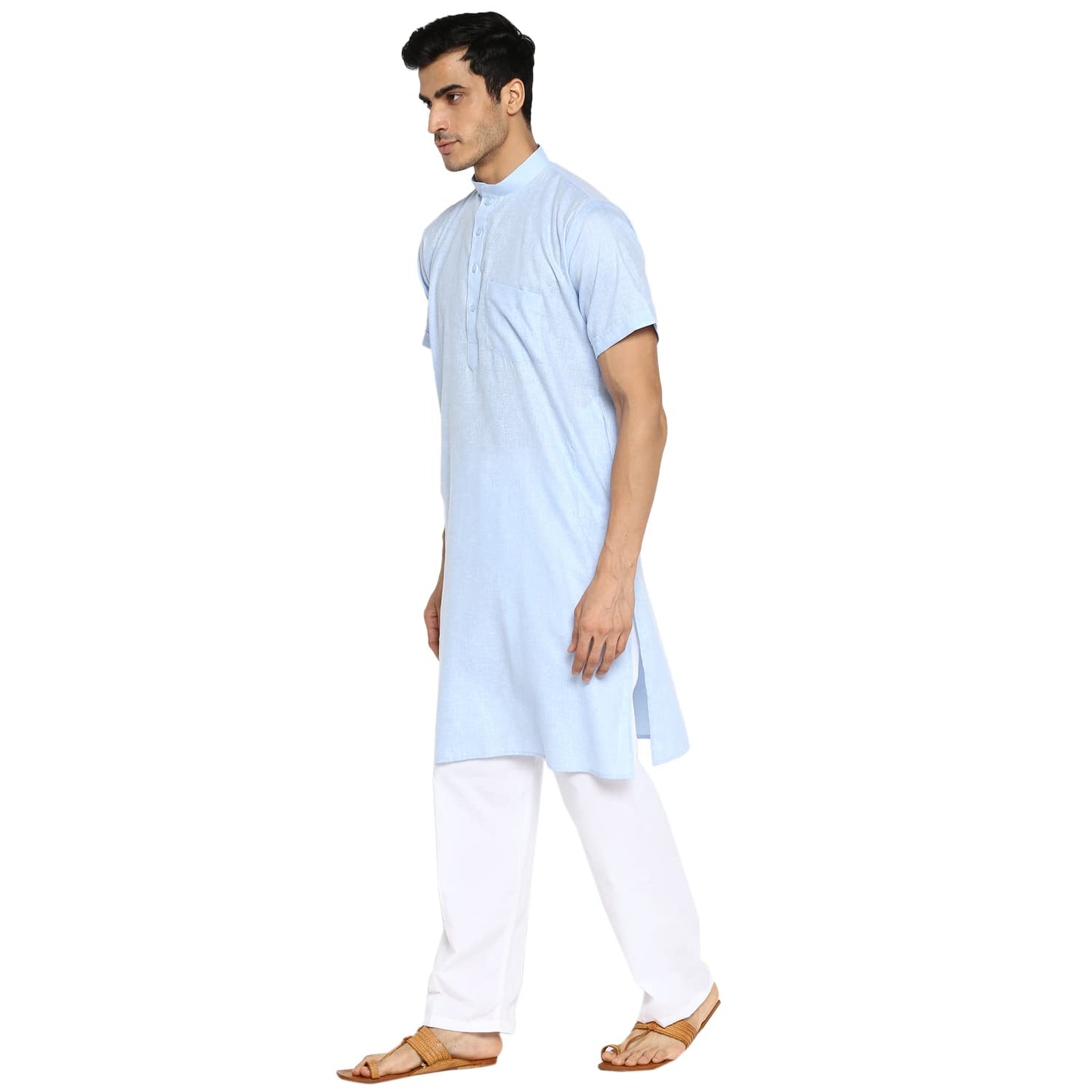 Royal Kurta Mens Cotton Linen Half Sleeved Long Ethnic Kurta (42, Blue)