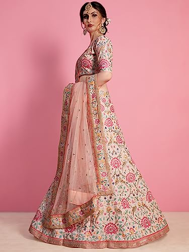Zeel Clothing Womens Faux Silk Lehenga Choli Semi-Stitched Peach Free Size