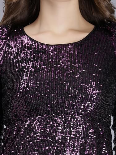 SAFFE Women's Casual Embellished Sequined Round Neck Puffed Sleeve Polyester Blend Fitted Dress (Voilet_XL)