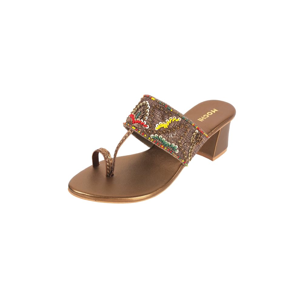 Mochi Women Antique Gold Ethnic Embellished Block Heel Sandal UK/5 EU/38 (35-1284)