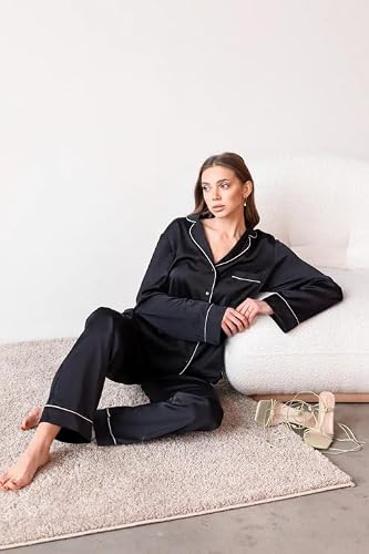 bellababebysk Women's Classic Satin Pajama Set | Long Sleeve | Button-Down Top with Contrast Piping | Wide-Leg Pants | Deep Lapel | Soft Satin Pjs | Luxury Coords Set (Black, 3XL)