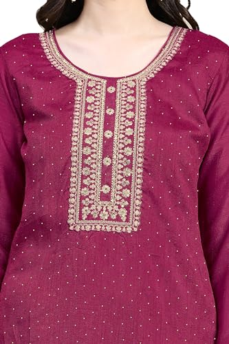 TRENDMALLS Women's Vichitra Silk Embroidery Salwar Suit Set Kurta Pant with Dupatta (G142-Pink-XL)