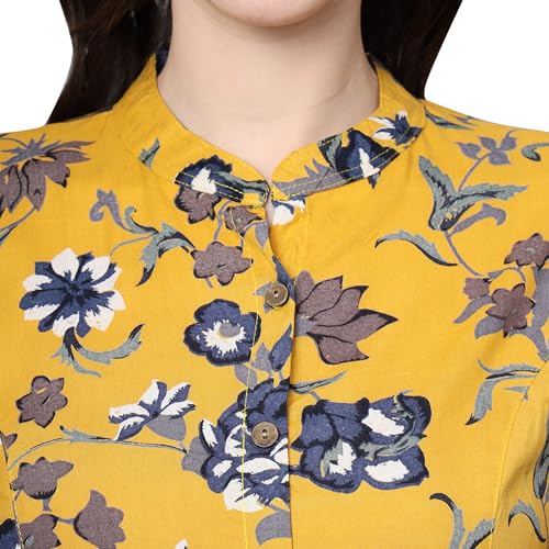 Divena Cotton Floral Print Shirt Style Top (Yellow_L)