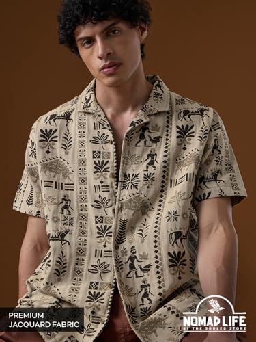 The Souled Store Nomad: Spirit Men and Boys Short Sleeve Cuban Collar Beige All Over Print Regular Fit Casual Trendy Holiday Ready Cotton Blend Textured Shirt