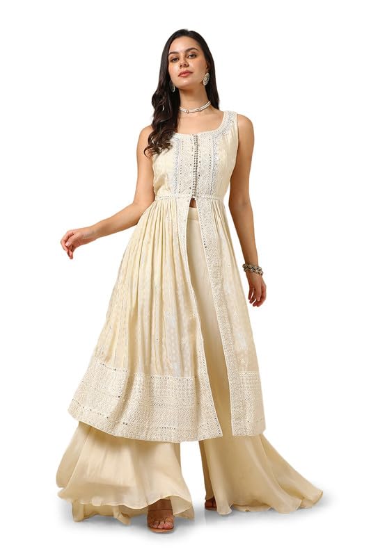 Soch Womens Off White Chinon Embroidered Suit Set With Sequins