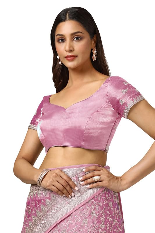 Soch Womens Onion Pink Organza Embroidered Saree With Stone Work