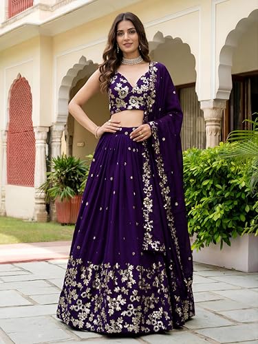 Zeel Clothing Women's Sequins and Thread Embroidered Work Georgette Lehenga Choli With Dupatta (6015-Purple-Women-Lehenga-Choli-Latest; Free size)