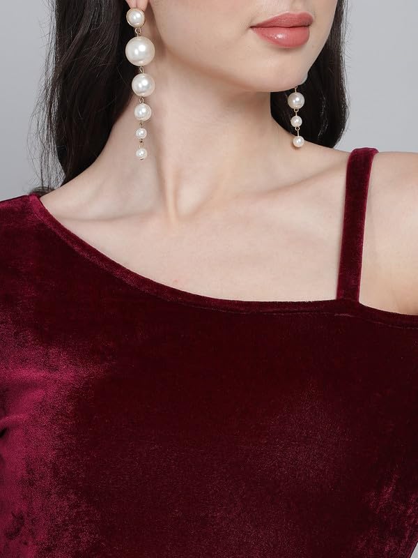 Vaararo Bodycon Party Dress for Women with Hemline Ruffles | One Shoulder Quarter Sleeves Shiny Velvet Outfit Wine X-Small