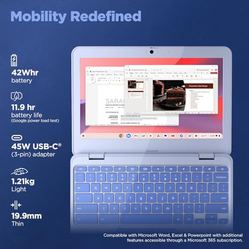 Lenovo {SmartChoice Chromebook, Intel Celeron N4500, 4GB RAM, 64GB eMMC, HD, 11.6"/29.46cm, Chrome OS, Blue, 1.21Kg, 2Wx2 Stereo Speakers, HD Camera, 82UY0014HA, Laptop