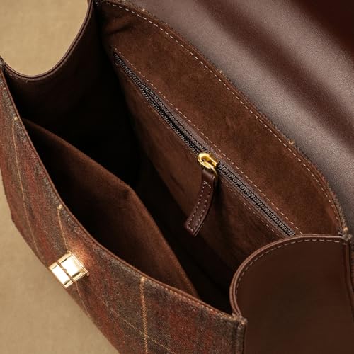 Theater Peggy Satchel Bag for Women | Vintage Structured Crossbody Handbag | Faux Leather & Tweed Panel with Turn Lock Closure | Classic Medium Shoulder Purse
