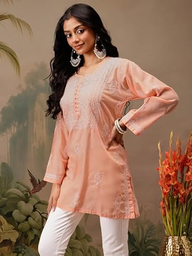 Ada Hand Embroidered Peach Cotton Short Kurta Kurti Lucknow Chikankari Top Tunic for Women A911465 (XL)