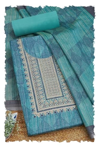 Soch Womens Turquoise Blue Art Silk Geometric Print Unstitch Dress Material With Zari